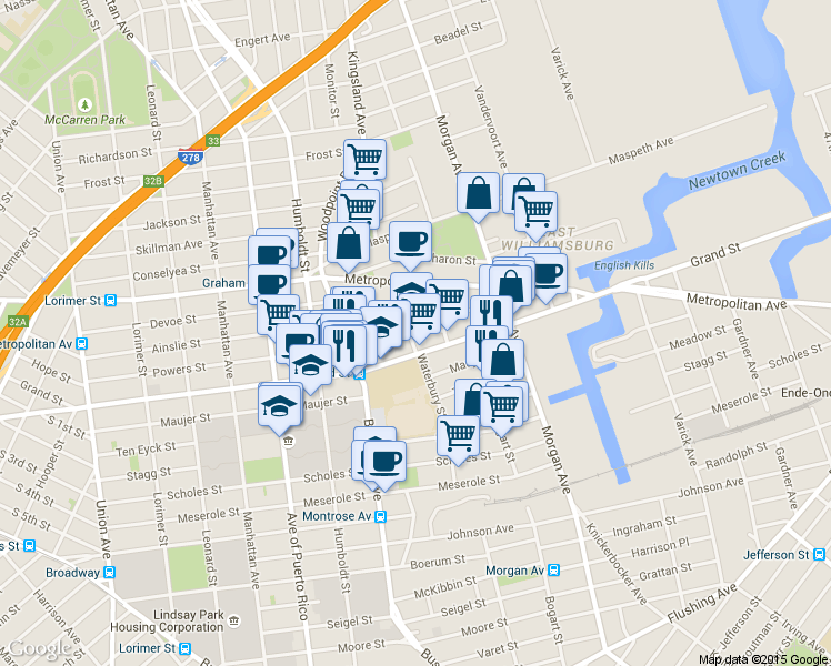 map of restaurants, bars, coffee shops, grocery stores, and more near 316 Powers Street in Brooklyn