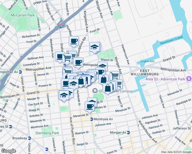 map of restaurants, bars, coffee shops, grocery stores, and more near 182 Powers Street in Brooklyn