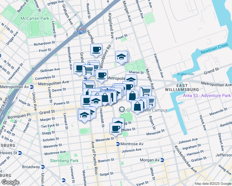 map of restaurants, bars, coffee shops, grocery stores, and more near 182 Powers Street in Brooklyn