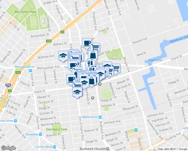 map of restaurants, bars, coffee shops, grocery stores, and more near 65 Bushwick Avenue in Brooklyn