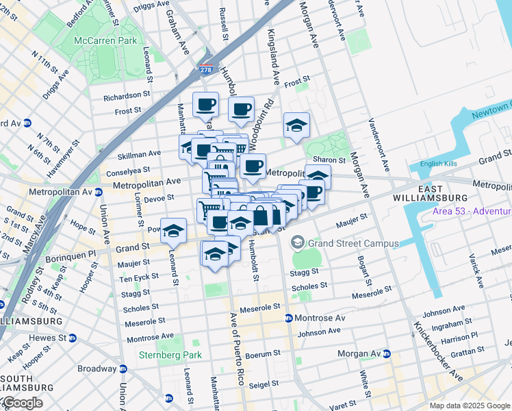 map of restaurants, bars, coffee shops, grocery stores, and more near 321A Humboldt Street in Brooklyn