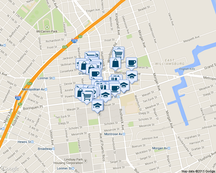 map of restaurants, bars, coffee shops, grocery stores, and more near 321A Humboldt Street in Brooklyn