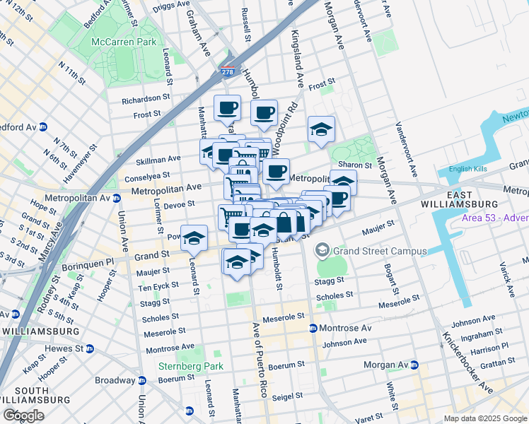 map of restaurants, bars, coffee shops, grocery stores, and more near 321A Humboldt Street in Brooklyn