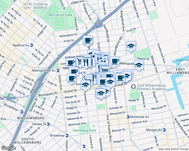 map of restaurants, bars, coffee shops, grocery stores, and more near 207 Ainslie Street in Brooklyn