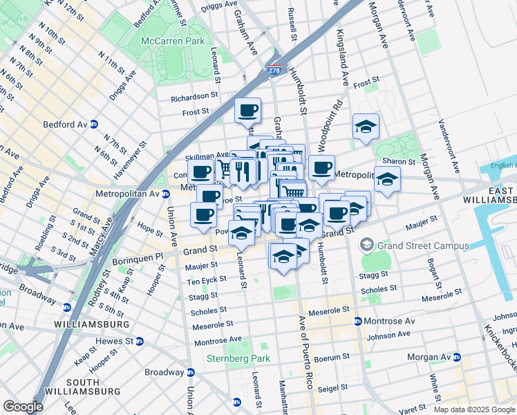 map of restaurants, bars, coffee shops, grocery stores, and more near 207 Ainslie Street in Brooklyn