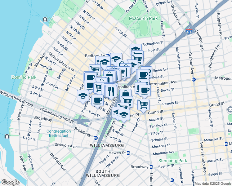 map of restaurants, bars, coffee shops, grocery stores, and more near 28 Marcy Avenue in Brooklyn