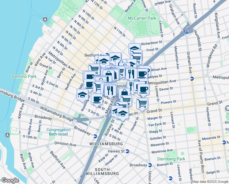 map of restaurants, bars, coffee shops, grocery stores, and more near 28 Marcy Avenue in Brooklyn
