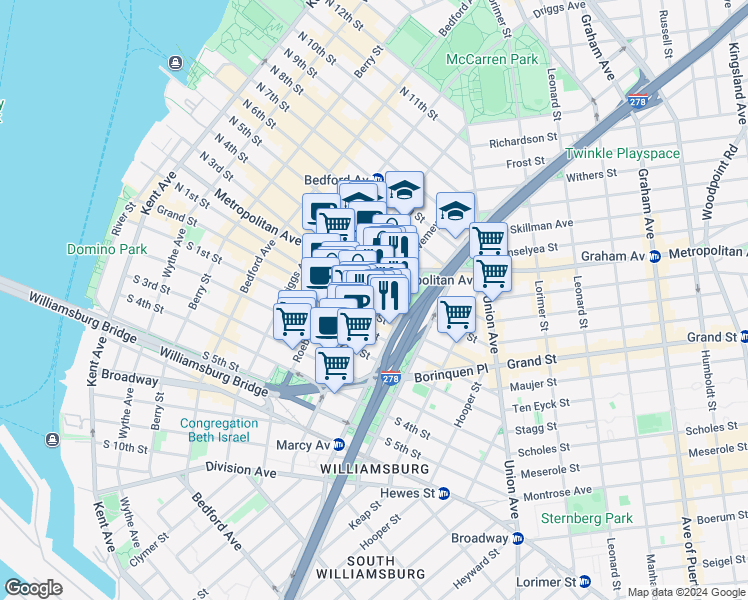 map of restaurants, bars, coffee shops, grocery stores, and more near 62 Hope Street in Brooklyn