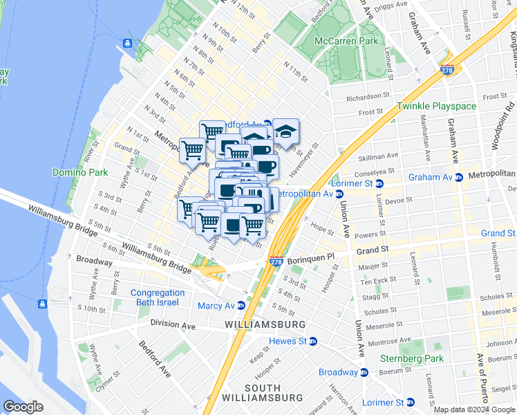 map of restaurants, bars, coffee shops, grocery stores, and more near 124-128 Havemeyer Street in Brooklyn