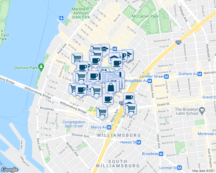 map of restaurants, bars, coffee shops, grocery stores, and more near 124-128 Havemeyer Street in Brooklyn