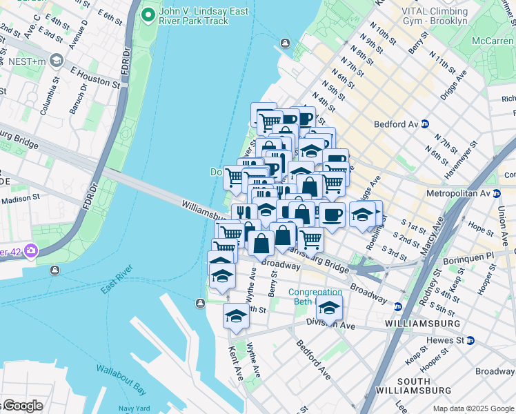 map of restaurants, bars, coffee shops, grocery stores, and more near 36-46 South 4th Street in Brooklyn