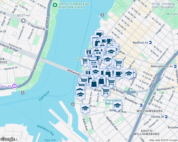 map of restaurants, bars, coffee shops, grocery stores, and more near 2 South 5th Street in Brooklyn