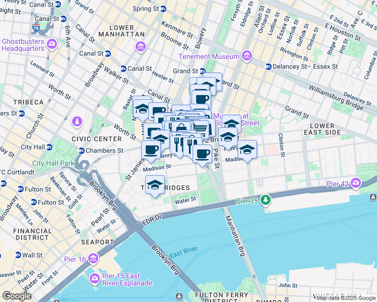 map of restaurants, bars, coffee shops, grocery stores, and more near 56 East Broadway in New York