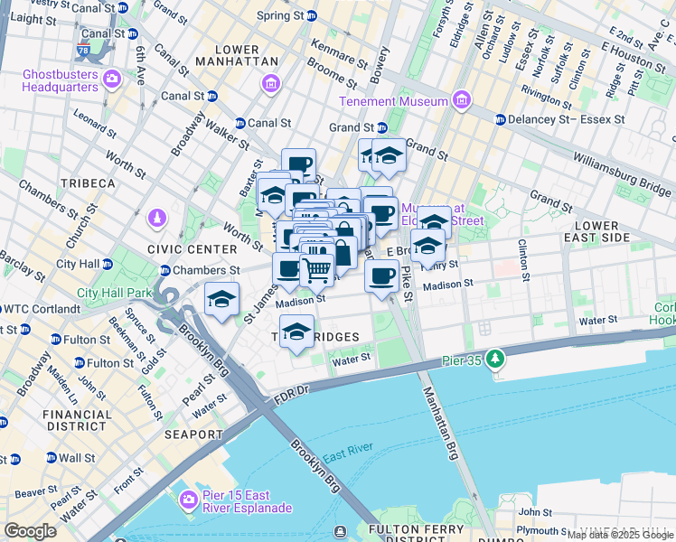 map of restaurants, bars, coffee shops, grocery stores, and more near 29 Henry Street in New York
