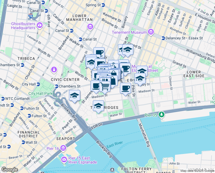 map of restaurants, bars, coffee shops, grocery stores, and more near 29 Henry Street in New York