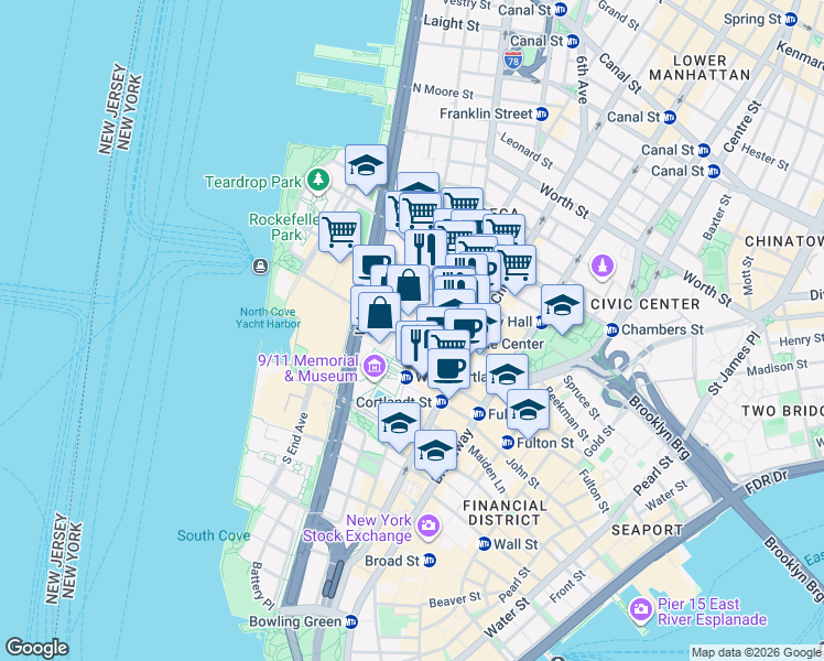 map of restaurants, bars, coffee shops, grocery stores, and more near in New York