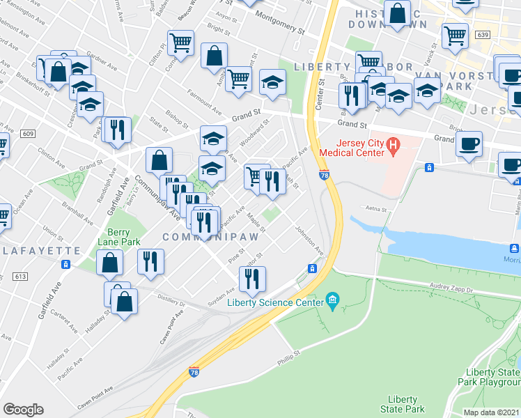 map of restaurants, bars, coffee shops, grocery stores, and more near 361 Whiton Street in Jersey City