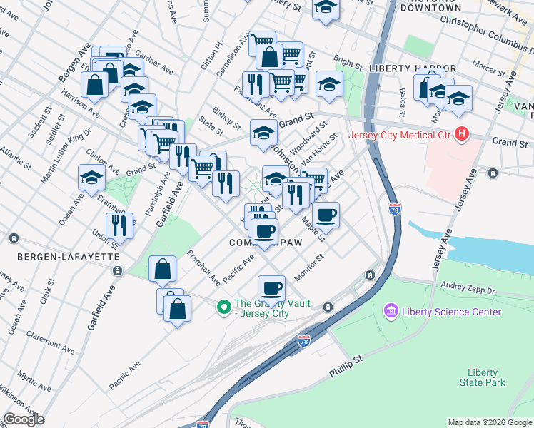 map of restaurants, bars, coffee shops, grocery stores, and more near 113 Lafayette Street in Jersey City