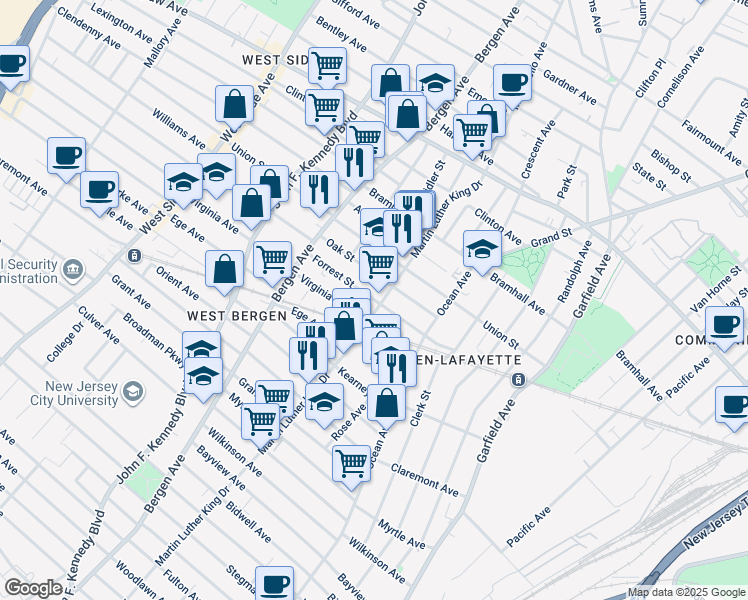map of restaurants, bars, coffee shops, grocery stores, and more near 315 Forrest Street in Jersey City