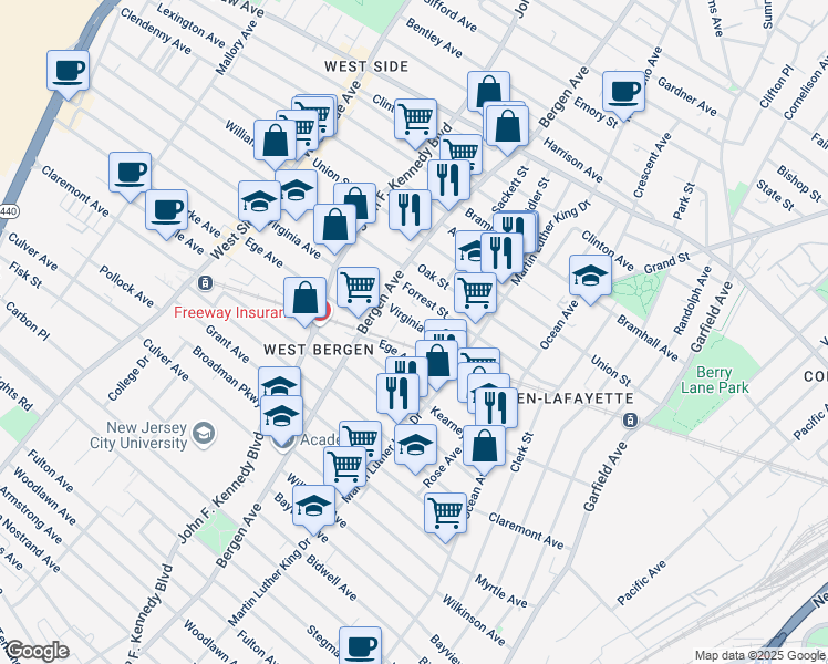 map of restaurants, bars, coffee shops, grocery stores, and more near 95 Virginia Avenue in Jersey City