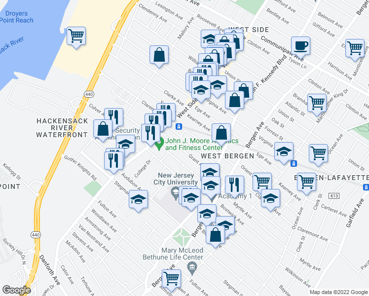map of restaurants, bars, coffee shops, grocery stores, and more near 242 Grant Avenue in Jersey City