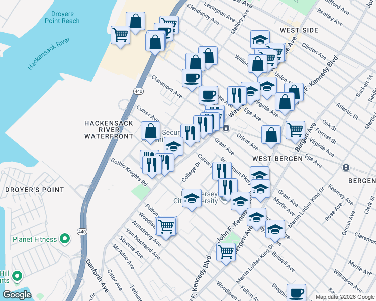 map of restaurants, bars, coffee shops, grocery stores, and more near 10 Fisk Street in Jersey City