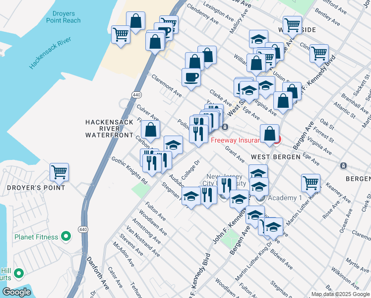 map of restaurants, bars, coffee shops, grocery stores, and more near 10 Fisk Street in Jersey City