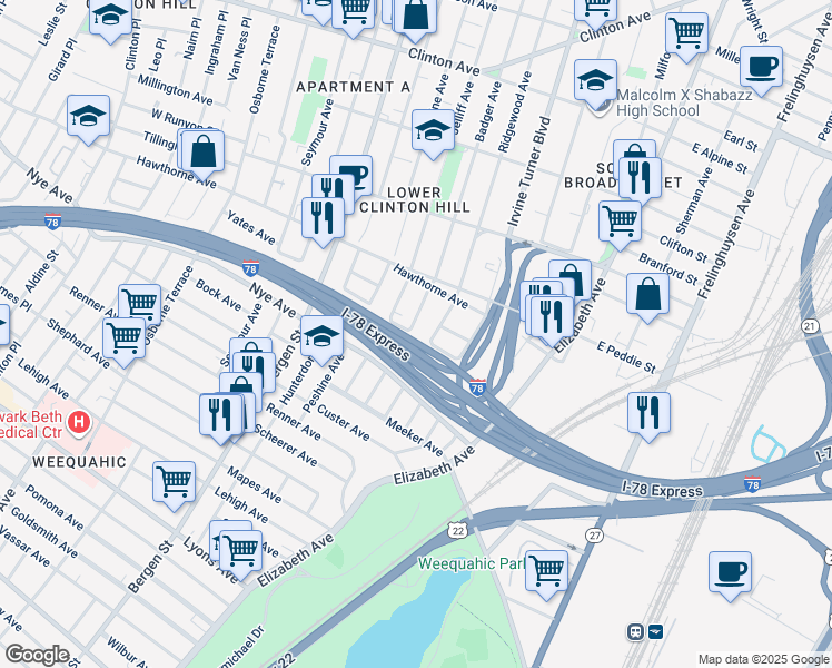 map of restaurants, bars, coffee shops, grocery stores, and more near 303 Ridgewood Avenue in Newark
