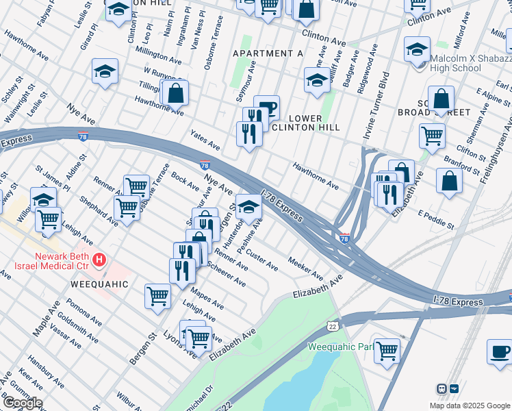 map of restaurants, bars, coffee shops, grocery stores, and more near 141 Watson Avenue in Newark