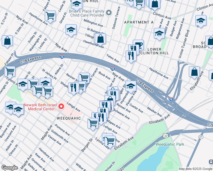 map of restaurants, bars, coffee shops, grocery stores, and more near 371 Seymour Avenue in Newark