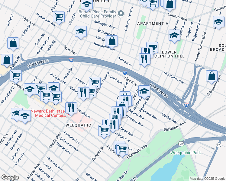map of restaurants, bars, coffee shops, grocery stores, and more near 207 Custer Avenue in Newark
