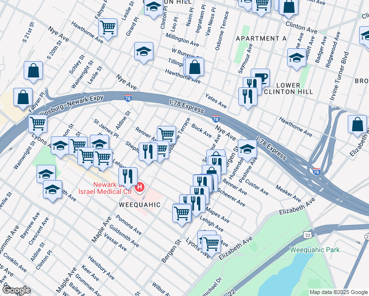 map of restaurants, bars, coffee shops, grocery stores, and more near 207 Custer Avenue in Newark