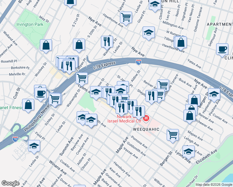 map of restaurants, bars, coffee shops, grocery stores, and more near 89 Willoughby Street in Newark