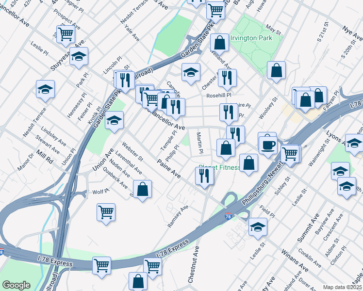 map of restaurants, bars, coffee shops, grocery stores, and more near 29 Robert Place in Irvington