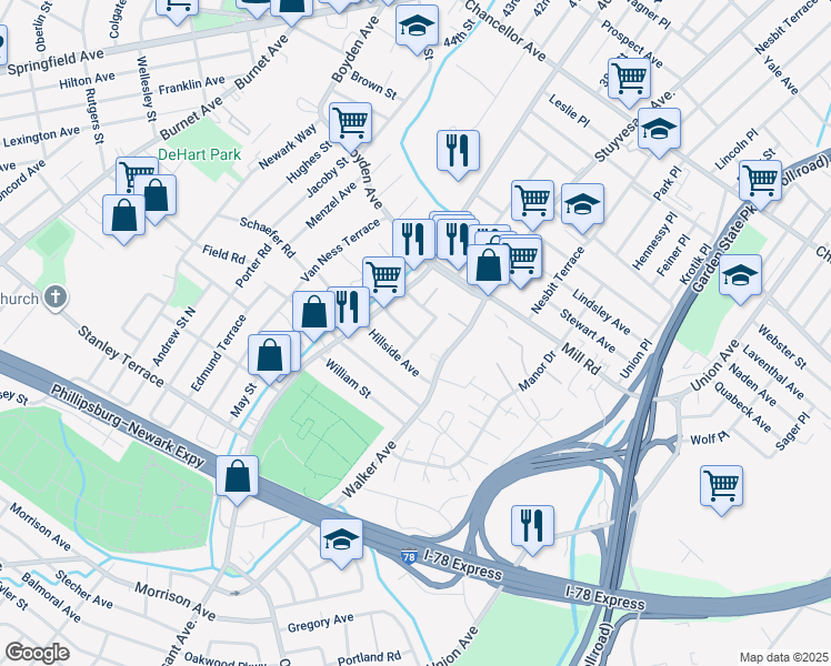 map of restaurants, bars, coffee shops, grocery stores, and more near 190 Hollywood Avenue in Irvington