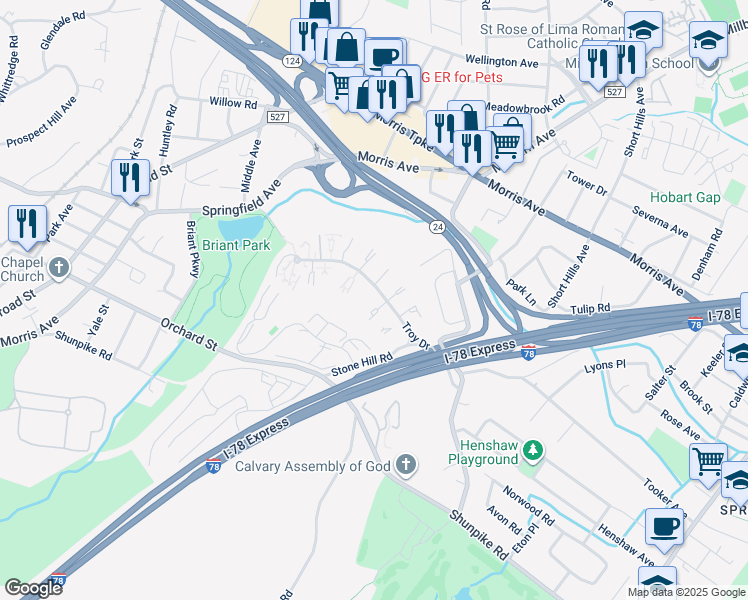 map of restaurants, bars, coffee shops, grocery stores, and more near 18 Troy Drive in Springfield