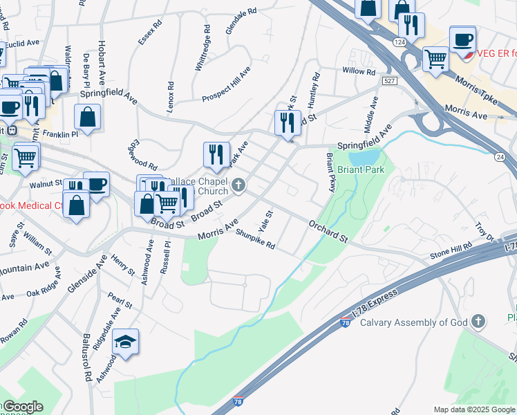 map of restaurants, bars, coffee shops, grocery stores, and more near 59 Morris Avenue in Summit