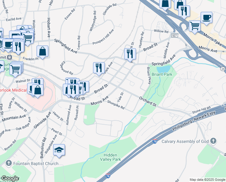 map of restaurants, bars, coffee shops, grocery stores, and more near 59 Morris Avenue in Summit