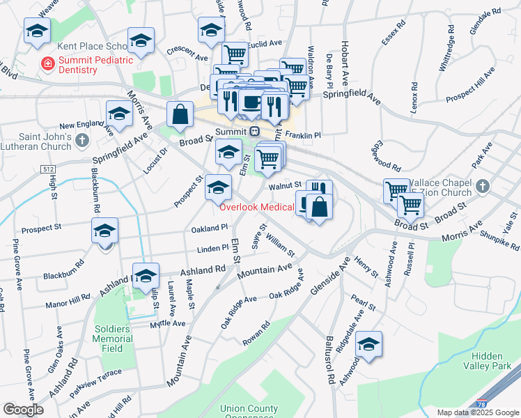 map of restaurants, bars, coffee shops, grocery stores, and more near 250 Morris Avenue in Summit