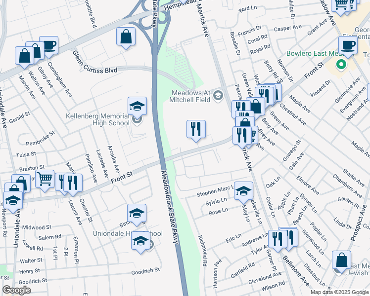 map of restaurants, bars, coffee shops, grocery stores, and more near 215 Avenue C in East Meadow