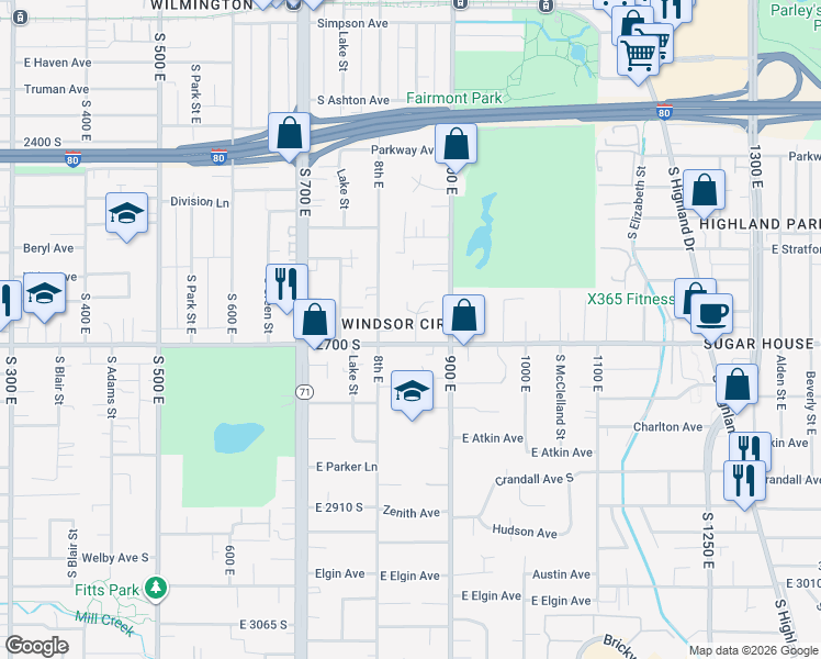 map of restaurants, bars, coffee shops, grocery stores, and more near 2640 South Windsor Circle in Salt Lake City
