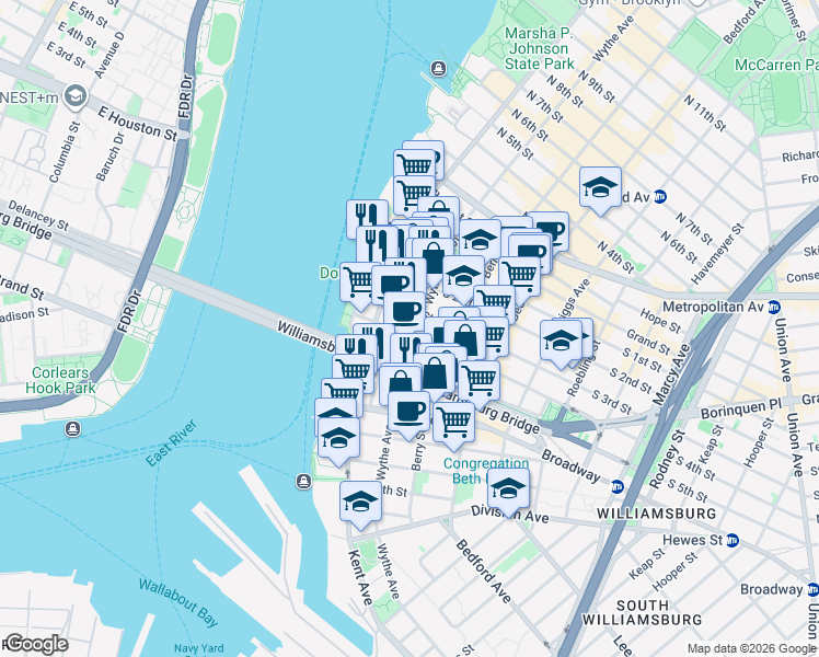 map of restaurants, bars, coffee shops, grocery stores, and more near 55 South 4th Street in Brooklyn