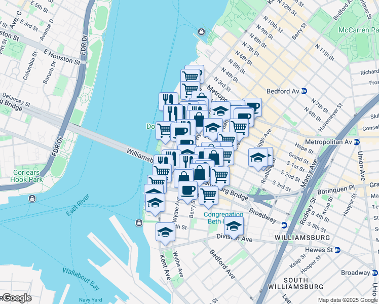map of restaurants, bars, coffee shops, grocery stores, and more near 3 Wythe Lane in Brooklyn