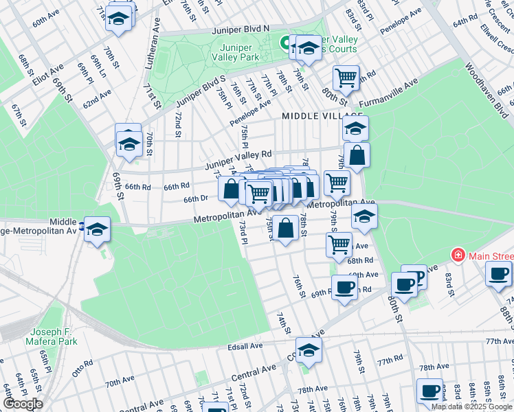 map of restaurants, bars, coffee shops, grocery stores, and more near 74-05 Metropolitan Avenue in Queens