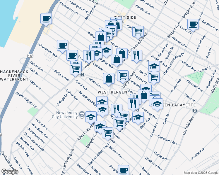 map of restaurants, bars, coffee shops, grocery stores, and more near in Jersey City