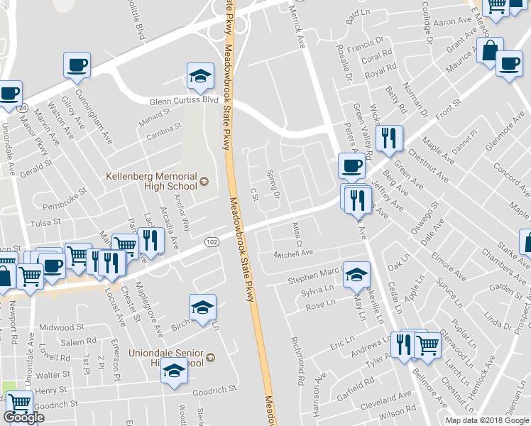 map of restaurants, bars, coffee shops, grocery stores, and more near 209 Spring Drive in East Meadow