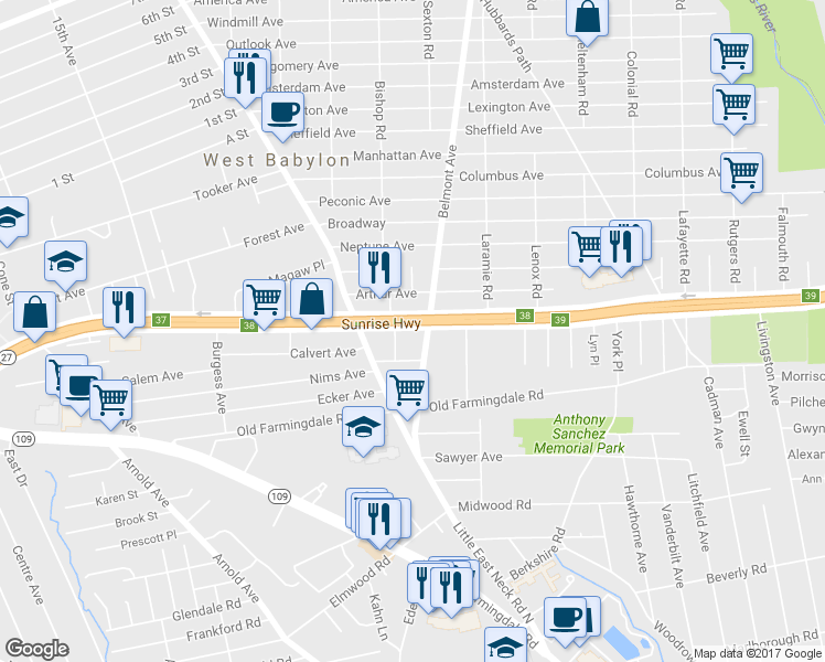 map of restaurants, bars, coffee shops, grocery stores, and more near 606 Sunrise Hwy in West Babylon