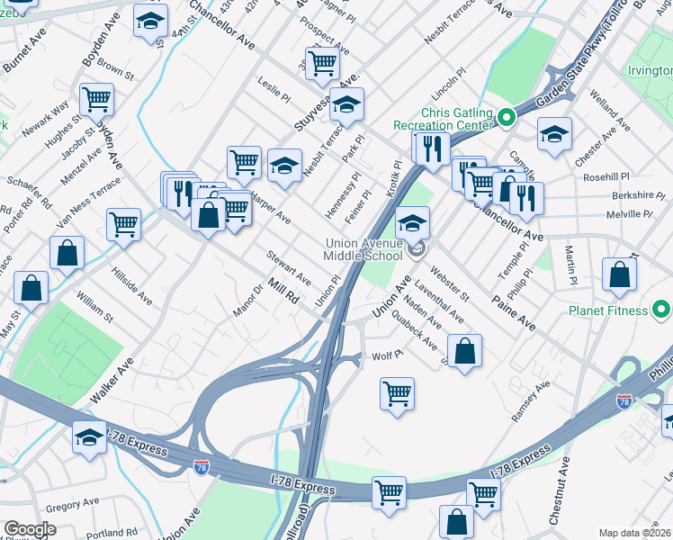 map of restaurants, bars, coffee shops, grocery stores, and more near 49 Union Place in Irvington