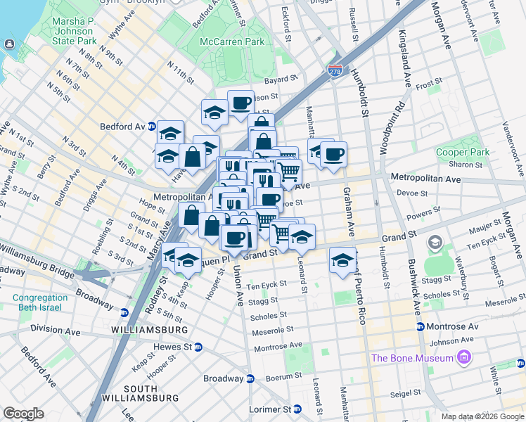 map of restaurants, bars, coffee shops, grocery stores, and more near 543 Lorimer Street in Brooklyn