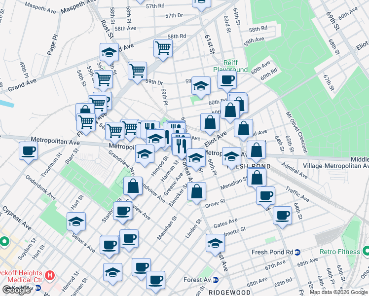 map of restaurants, bars, coffee shops, grocery stores, and more near in Queens